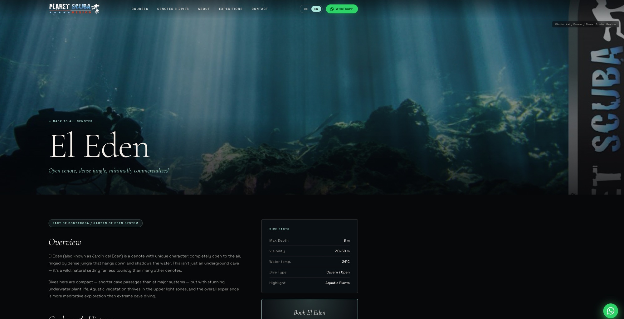El Eden cenote profile page on the new site